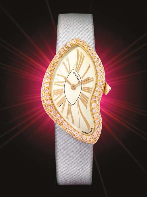 CARTIER. A FINE AND RARE LADY'S 18K PINK GOLD AND PINK DIAMOND-SET ASYMMETRIC WRISTWATCH