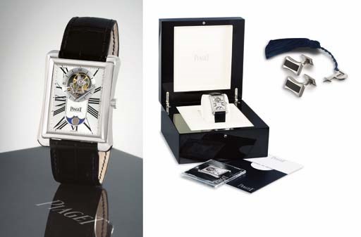 PIAGET. AN IMPORTANT AND RARE 18K WHITE GOLD RECTANGULAR TOURBILLON WRISTWATCH WITH PHASES OF THE MOON AND A PAIR OF CUFF LINKS