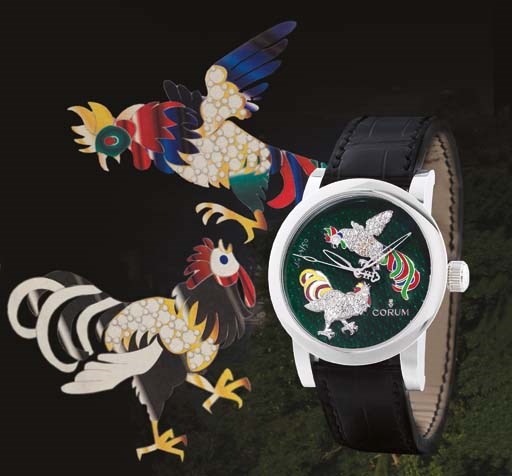 CORUM. A VERY RARE LIMITED EDITION 18K WHITE GOLD AND DIAMOND-SET AUTOMATIC WRISTWATCH WITH CENTRE SECONDS AND GREEN ENAMEL DIAL WITH ROOSTER SCENE