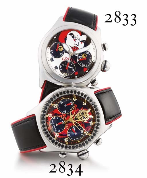 CORUM. A RARE SPECIAL EDITION STAINLESS STEEL AND BLACK DIAMOND-SET TONNEAU-SHAPED CHRONOGRAPH WRISTWATCH WITH DATE