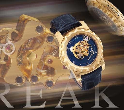 ULYSSE NARDIN. A FINE AND RARE 18K PINK GOLD CARROUSEL TOURBILLON WRISTWATCH WITH DUAL DIRECT ESCAPEMENT AND SEVEN-DAY POWER RESERVE