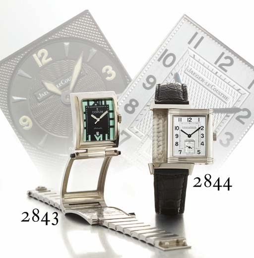 JAEGER-LECOULTRE. A STAINLESS STEEL RECTANGULAR REVERSIBLE DOUBLE DIAL DUAL TIME ZONE WRISTWATCH WITH 24 HOUR INDICATION