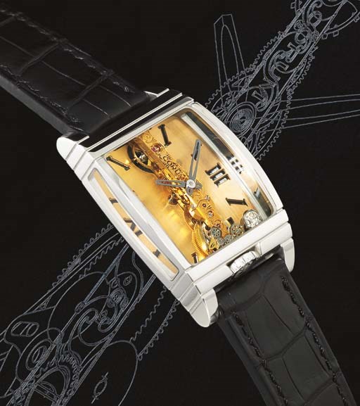 CORUM. A FINE AND VERY RARE LIMITED EDITION PLATINUM TONNEAU-SHAPED WRISTWATCH WITH VISIBLE SINGLE LINE MOVEMENT