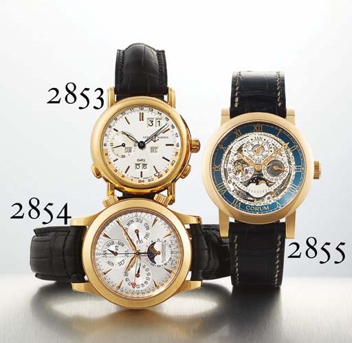 ULYSSE NARDIN. A FINE 18K PINK GOLD PERPETUAL CALENDAR DUAL TIME ZONE WRISTWATCH