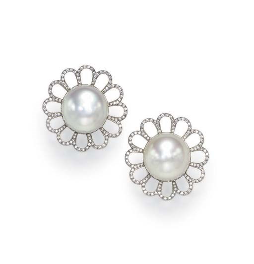 A PAIR OF CULTURED PEARL AND DIAMOND EAR CLIPS, BY FRED LEIGHTON
