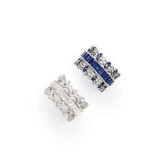 A PAIR OF SAPPHIRE AND DIAMOND BANDS, BY FRED LEIGHTON