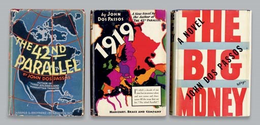 DOS PASSOS, John (1896-1970). A set of FIRST EDITIONS of Dos Passos's U.S.A. trilogy, comprising: The 42nd Parallel. New York, 1930. 8o. Original quarter-cloth and orange boards; pictorial dust jacket (chipping and tears at ends of spine panel and rubbing to edges). -- 1919. New York, 1932. 8o. Original cloth lettered in silver; dust jacket (light chipping to ends of spine panel, a few short tears to edges). -- The Big Money. New York, 1936. 8o. Original cloth; dust jacket (some chipping at ends of spine panel, corners and fold of upper flap, corners clipped). Review copy, ink stamped with date 6 August 1936 on front free endpaper (offset onto inner front jacket flap).