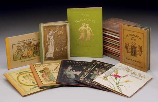 GREENAWAY, Kate, illustrator (1846-1901).  Almanack for 1883 [-1895]. London: George Routledge, [1882-1894]. -- Almanack & Diary for 1897. London: J.M. Dent, [1896].