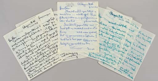 O'KEEFFE, Georgia (1887-1986). A important archive of 54 autograph letters signed and 2 autograph postcards signed (mostly "G"; 6 as "Georgia O'Keeffe" and 11 as "Georgia"), all to Alan Reed Priest (1898-1969), Curator of Far Eastern Art at the Metropolitan Museum, Abiquiu, New Mexico, 2 January 1950 to 5 July 1961. Together 112 pages, most 4to, on rectos only, boldly penned in black or brown ink (several in a vibrant turqouise ink), a few with original envelopes, all in mint condition. With 3 copies of letters from Priest to O'Keeffe.