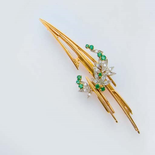 BROCHE EMERAUDES ET DIAMANTS