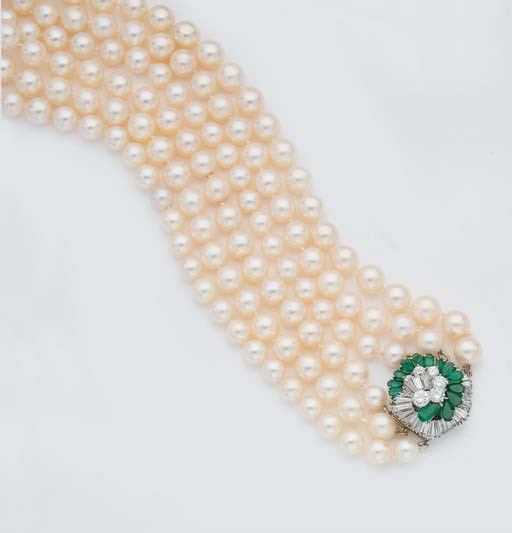 COLLIER PERLES DE CULTURE, EMERAUDES ET DIAMANTS