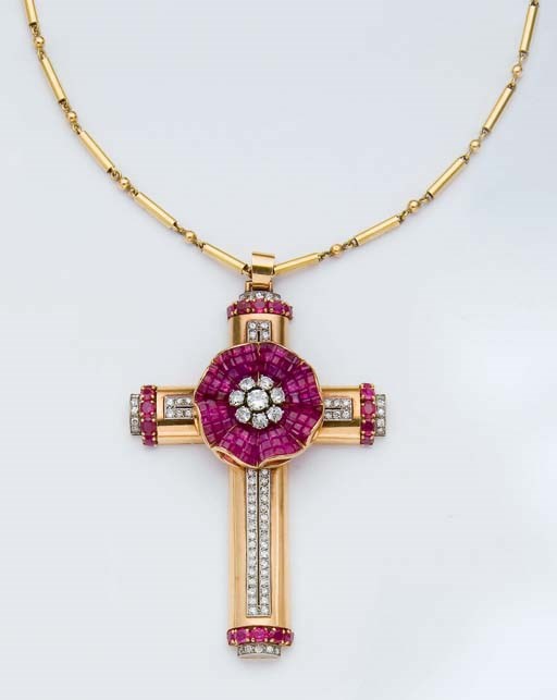COLLIER CROIX RUBIS ET DIAMANTS, PAR KIRBY BEARD & Co