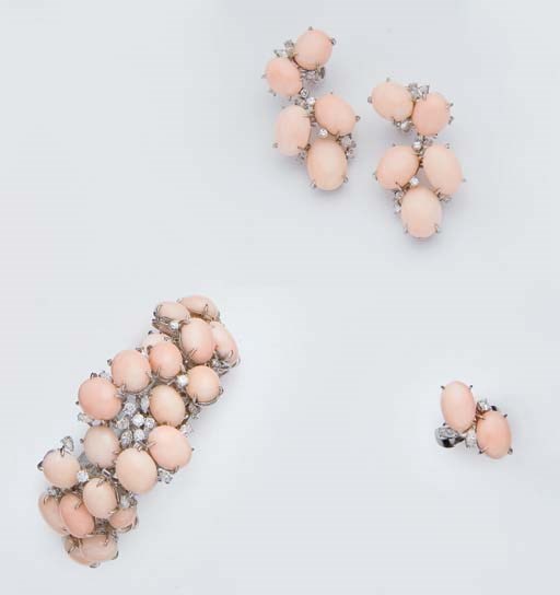 DEMI-PARURE CORAIL ET DIAMANTS, PAR MEISTER