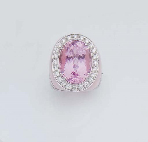 BAGUE KUNZITE, OPALE ROSE ET DIAMANTS
