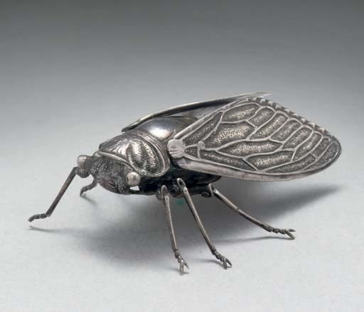 A Japanese Silver articulated cicada, signed Muneyoshi, Meiji Period