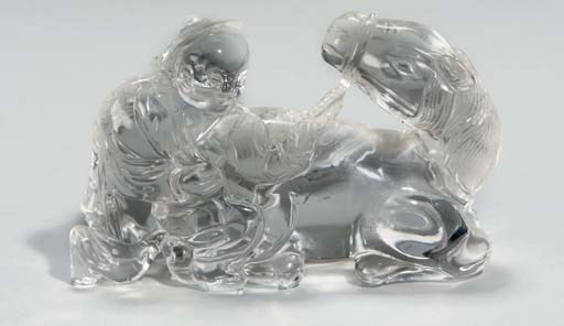 A Chinese rock crystal carving of a horse and groom, 19th century