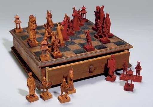 A Chinese wooden chess set, 19th Century
