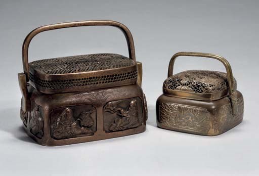 Two Chinese copper handwarmers and covers, 19th century