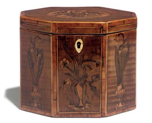 A GEORGE III OCTAGONAL HAREWOOD AND MARQUETRY TEA CADDY
