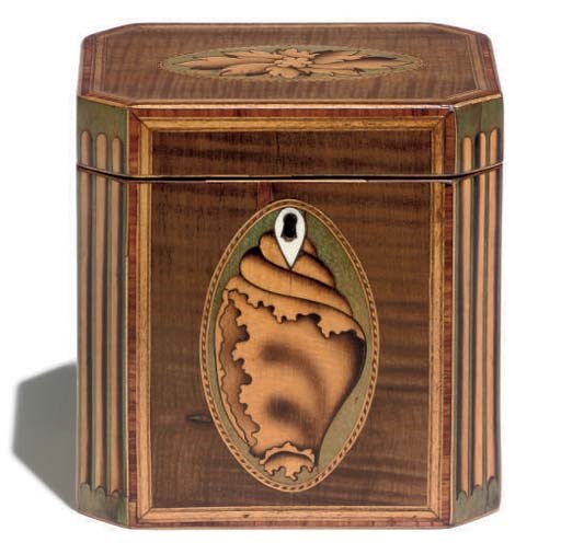 A GEORGE III HAREWOOD AND MARQUETRY TEA CADDY