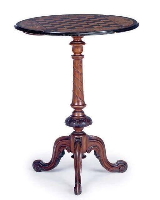 A MID VICTORIAN WALNUT AND MARQUETRY TRIPOD GAMES TABLE