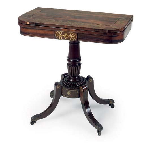 A REGENCY ROSEWOOD AND BRASS INLAID CARD TABLE