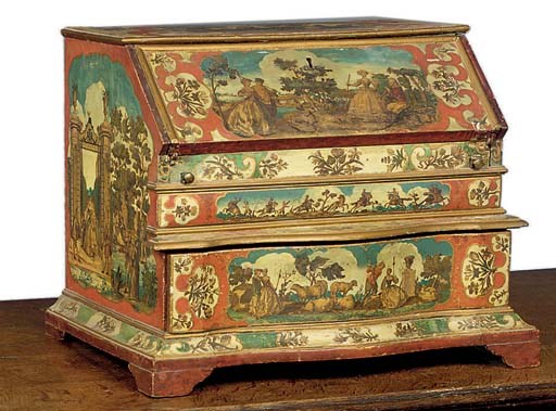 A VENETIAN LACCA POVERA, POLYCHROME AND GILT DECORATED BUREAU