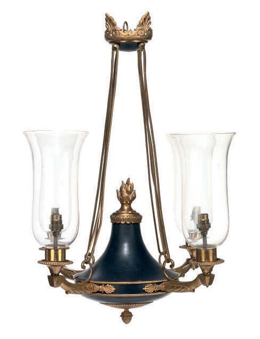 A GILT AND BLUE LACQUERED METAL FOUR LIGHT CHANDELIER