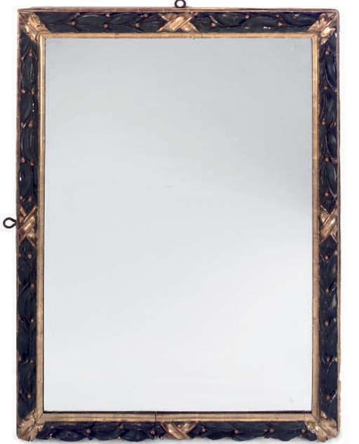 A PAINTED AND PARCEL GILT MIRROR