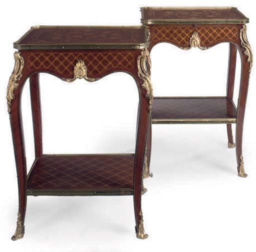 A PAIR OF GILT METAL MOUNTED, MARQUETRY OCCASIONAL TABLES