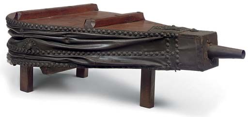 A LARGE PAIR OF BIRCH, ELM, WROUGHT IRON AND LEATHER BELLOWS