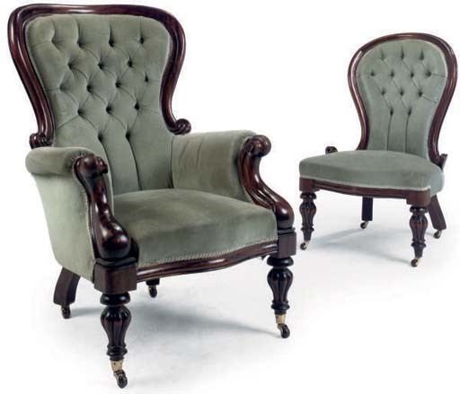 A PAIR OF VICTORIAN EASY CHAIRS