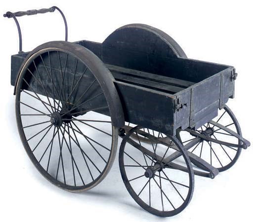 A LATE VICTORIAN PAINTED WOOD AND CAST IRON FRUIT CART
