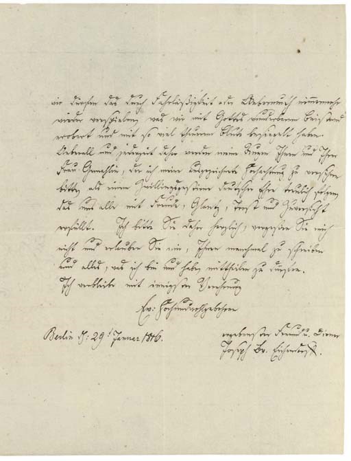 EICHENDORFF, Joseph, Freiherr von (1788-1857). Autograph letter signed ('Joseph v. Eichendorff') to the writer Friedrich de la Motte Fouqué ('Herr Baron'), Berlin, 29 January 1816, three pages, 4to, on a bifolium.