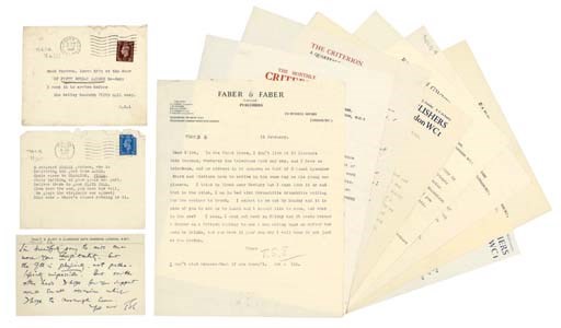 ELIOT, Thomas Stears (1888-1965). Eleven letters comprising one autograph letter signed, one autograph postcard signed, and nine typed letters signed ('T. S. Eliot', 'T.S.E.' or 'Tom'), 2 signed in pencil, to Clive Bell, 11 August 1924 - 23 October 1947, with  TWO ENVELOPES WITH TYPED COMIC VERSES by Eliot, together 15 pages, 4to and 8vo, on Criterion, Faber, and personal stationary.