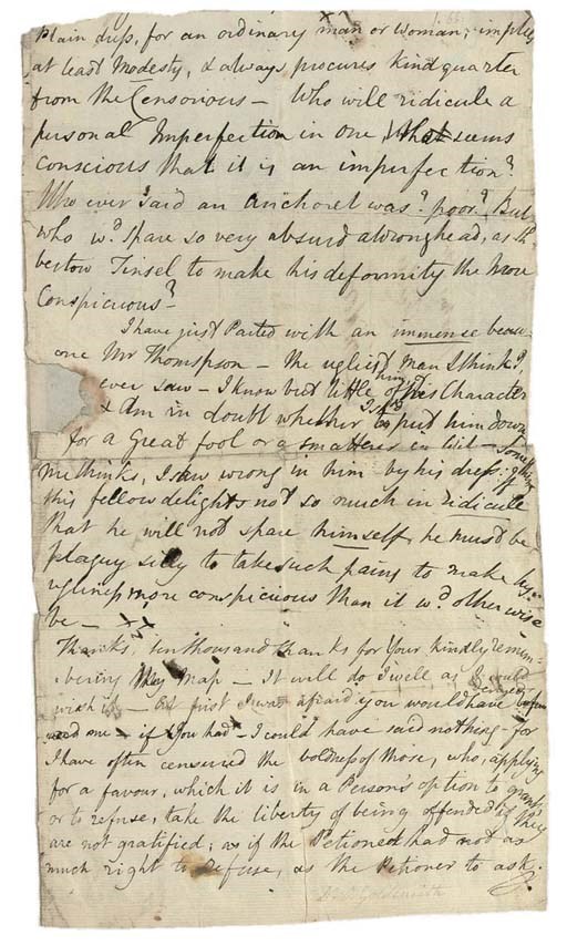 GOLDSMITH, Oliver (1728-1774). Autograph letter fragment, unsigned, to Dr Charles Burney, n.p., n.d., 1 page, folio, autograph address panel, docket on verso, seal hole repaired (closed tear at top crease, other creases reinforced on verso).