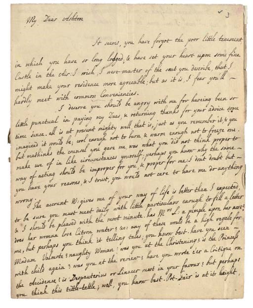GRAY, Thomas (1716-1771). Autograph letter signed with initials ('T.G.') to Thomas Ashton 'at the Hon. the Mrs Lewis's in Hanover-Square, London', Cambridge, 30 June [1738], 1¼ pages,4to with integral address leaf, black seal (address leaf torn, slight splits along fold marks). Provenance: Miss Avril Wood, sold Sotheby's, London, 21 July 1981, lot 500.