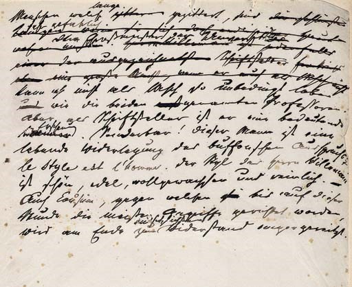 HEINE, Heinrich (1797-1856). Autograph manuscript draft of the conclusion of an article, n.p., n.d., frequent cancellations and emendations, half page, 4to (260 x 210mm), on light paper (spotting, some acidification of ink leading to weakening of paper, some wear at margins), endorsed with an authentication in the hand of Heine's nephew, Ludwig von Embden, tipped onto a board, together with a leaf bearing an autograph sentiment signed by Heine's sister, Charlotte von Embden, in 1883.
