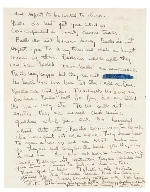 HEMINGWAY, Ernest (1899-1961). Autograph letter (signed 'Yours in Christian Science,  Mother Eddy') to Ezra Pound, Burguete, Spain, n.d. [?1 or 2 July 1925], one word deleted by a later hand on p.4, 4 pages, 4to, on a bifolium.