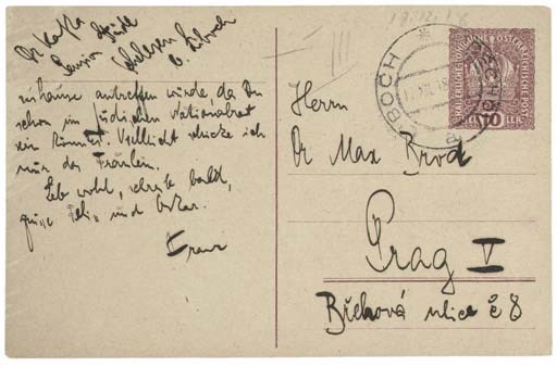 KAFKA, Franz (1883-1924). Autograph postcard signed ('Franz') to Max Brod, [postmarked Liboch, 17 December 1918], providing the return address 'Dr Kafka, Pension Stüdl, Schelesen b[ei] Liboch', 1½ pages, 8vo (evenly browned, one sentence underlined in pink pencil).