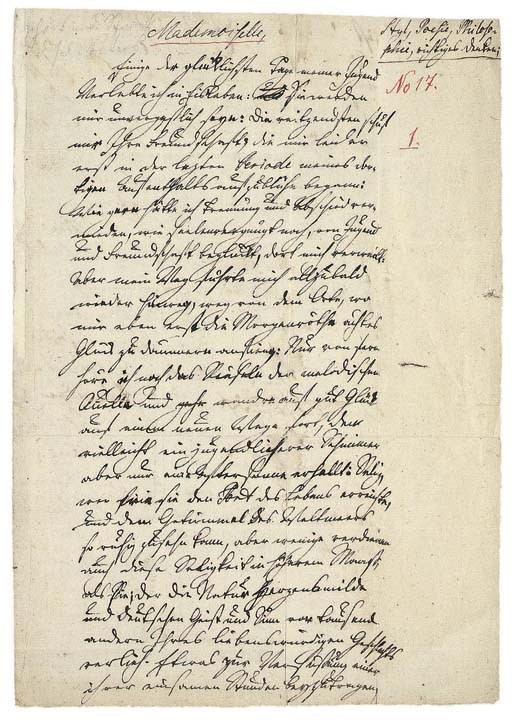 NOVALIS [pseudonym of Friedrich von Hardenberg (1772-1801)]. Autograph letter signed ('Fridrich von Hardenberg'’) to an unidentified recipient [Philippina Büttner], n.p. [Leipzig], n.d. [?1792], a retained draft, 2 pages, folio, some later annotations to upper right margin of p.1 ('Styl, Poesie, Philosophie, richtiges Denken'’) and numbering, 'No 17'  and '1'’ (light discolouration, traces of mount). Provenance: sold by Meyer & Ernst and J.A. Stargardt at their auction of the poet'’s Nachlass in December 1930, lot 70; Ammann collection, sold at Stargardt in 1962, catalogue 559, lot 234; Stargardt, 30 March 1999, lot 293.