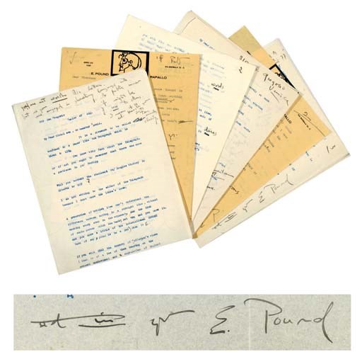 POUND, Ezra (1885-1972). Seven typed letters signed ('Ez. P.', 'Ezra Pound', 'E. Pound' or 'E. P.') to Harold Nicolson, 27 August 1935 - 21 February 1936 (some undated), together approximately 19 pages, 4to, with over 100 words in holograph added in margins, most on personal stationery.