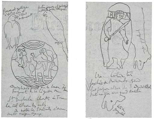 PROUST, Marcel (1871-1922). Autograph sketches [drawn for Reynaldo Hahn], n.p. [Paris], n.d. [1905-1906], in pen and ink with captions, on a bifolium, 4 pages, 8vo, on mourning paper.