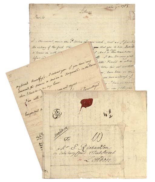RICHARDSON, Samuel (1689-1761) Autograph letter signed to Alexis Claude Clairaut, London, 8 August 1754, a draft, half page, 4to, at foot of a letter from Clairant to Richardson dated at Hampton Court the previous day; with two other autograph letters signed from Clairant to Richardson, Montigny and Paris, 7 October and 25 December 1753, together 6½ pages, 4to, integral address leaves (some splits along folds and a few paper repairs).