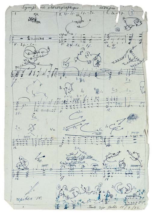 MASSINE, Léonide (1895-1979). Autograph ballet score entitled 'Symphonie chorergraphique [sic]', Isole dei Galli, 18 September 1932, comprising  choreographic notation with (on four pages) musical notation, 12  pages, folio (slight fraying in top and bottom edges).