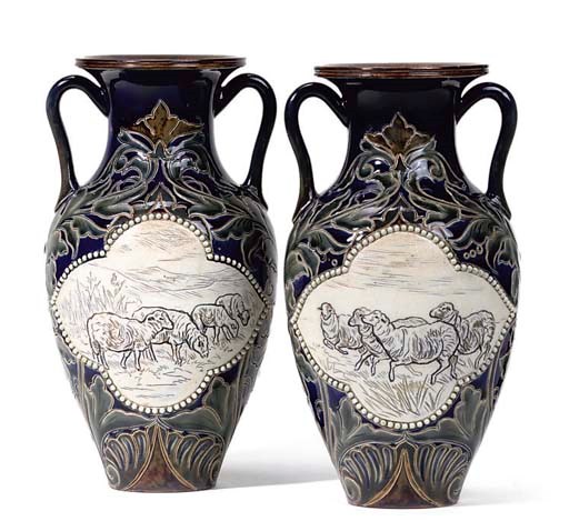 HANNAH BARLOW FOR DOULTON LAMBETH; PAIR OF TWIN-HANDLED VASES