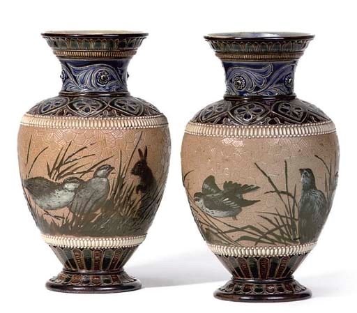 FLORENCE BARLOW FOR DOULTON LAMBETH; PAIR OF VASES