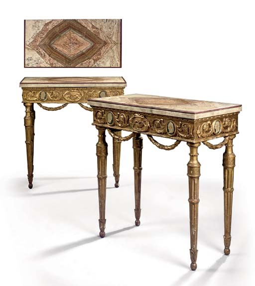 A PAIR OF ITALIAN GILTWOOD AND PAINTED CONSOLE TABLES