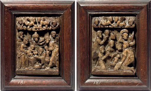 A PAIR OF PARCEL-GILT CARVED RECTANGULAR ALABASTER RELIEFS OF THE ADORATION OF THE SHEPHERDS AND THE ADORATION OF THE MAGI