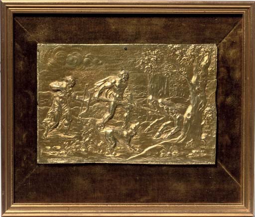 A RECTANGULAR GILT-BRONZE RELIEF OF ATALANTA AND MELEAGER